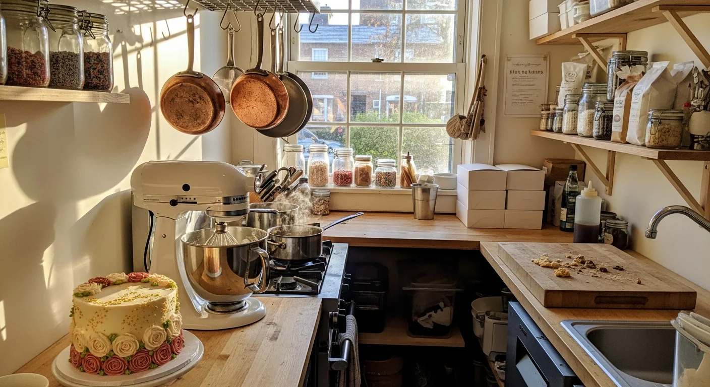 Inside the Nassu Cakes studio kitchen with a stand mixer and a finished cake on the counter