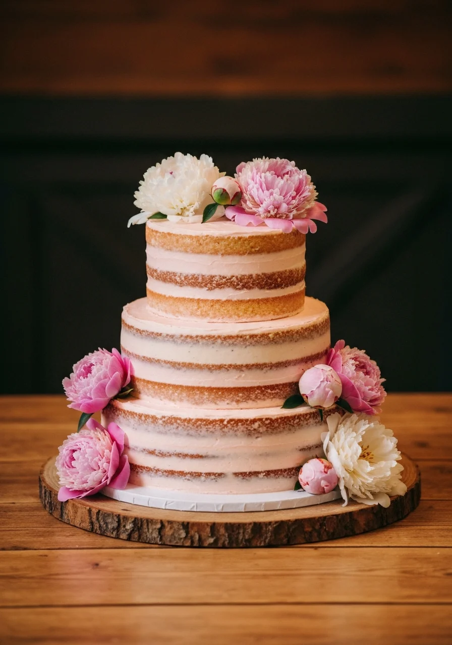 Three-tier blush pink semi-naked cake with peonies