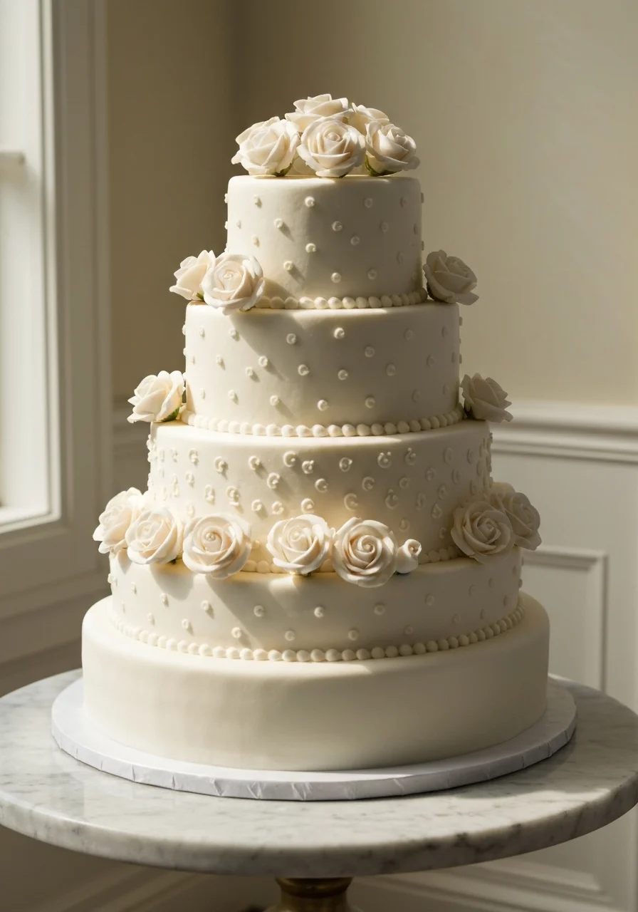 Four-tier white wedding cake with sugar roses