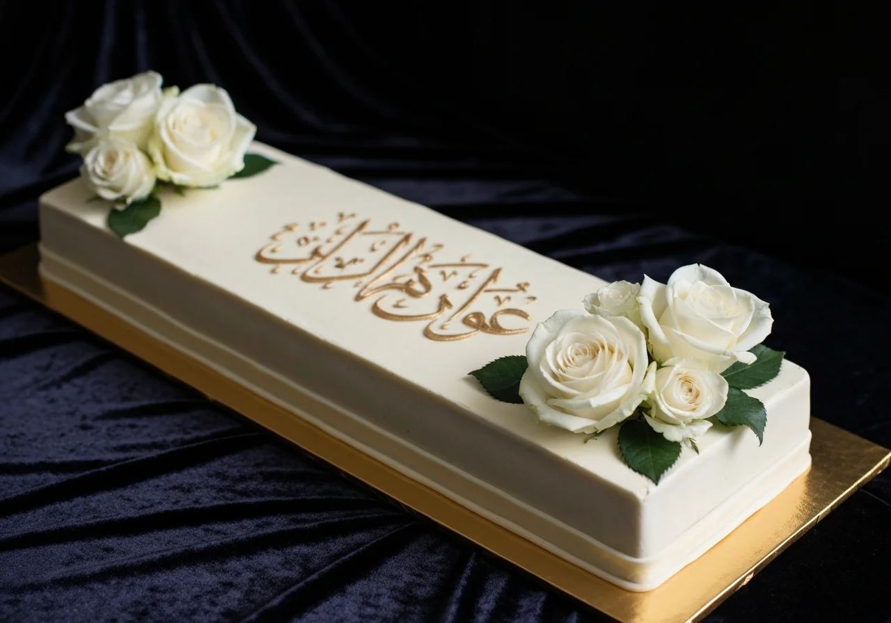 Long nikah cake with gold calligraphy and white roses