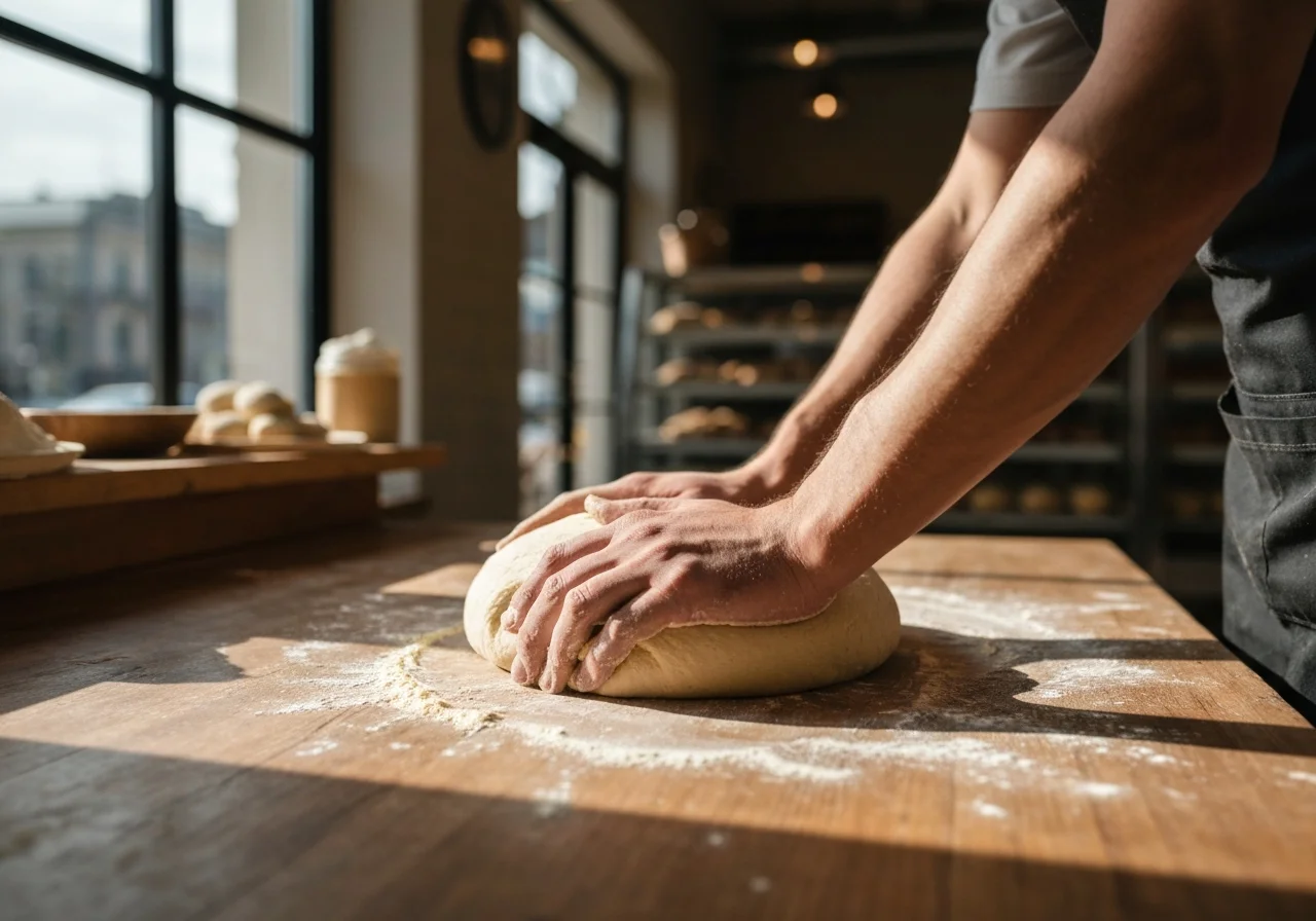 Nassu's hands shaping dough on a flour-dusted wooden table