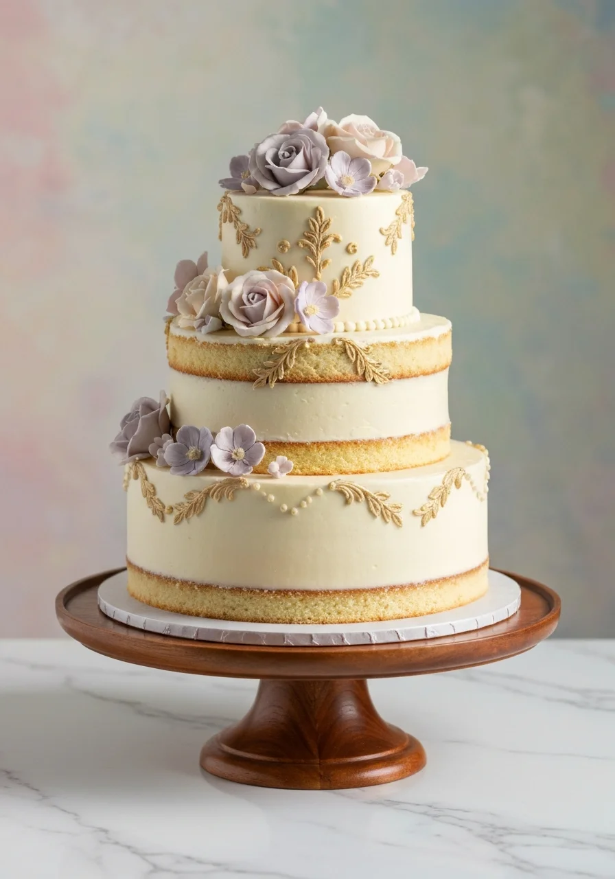 Custom three-tier wedding cake with sugar flowers