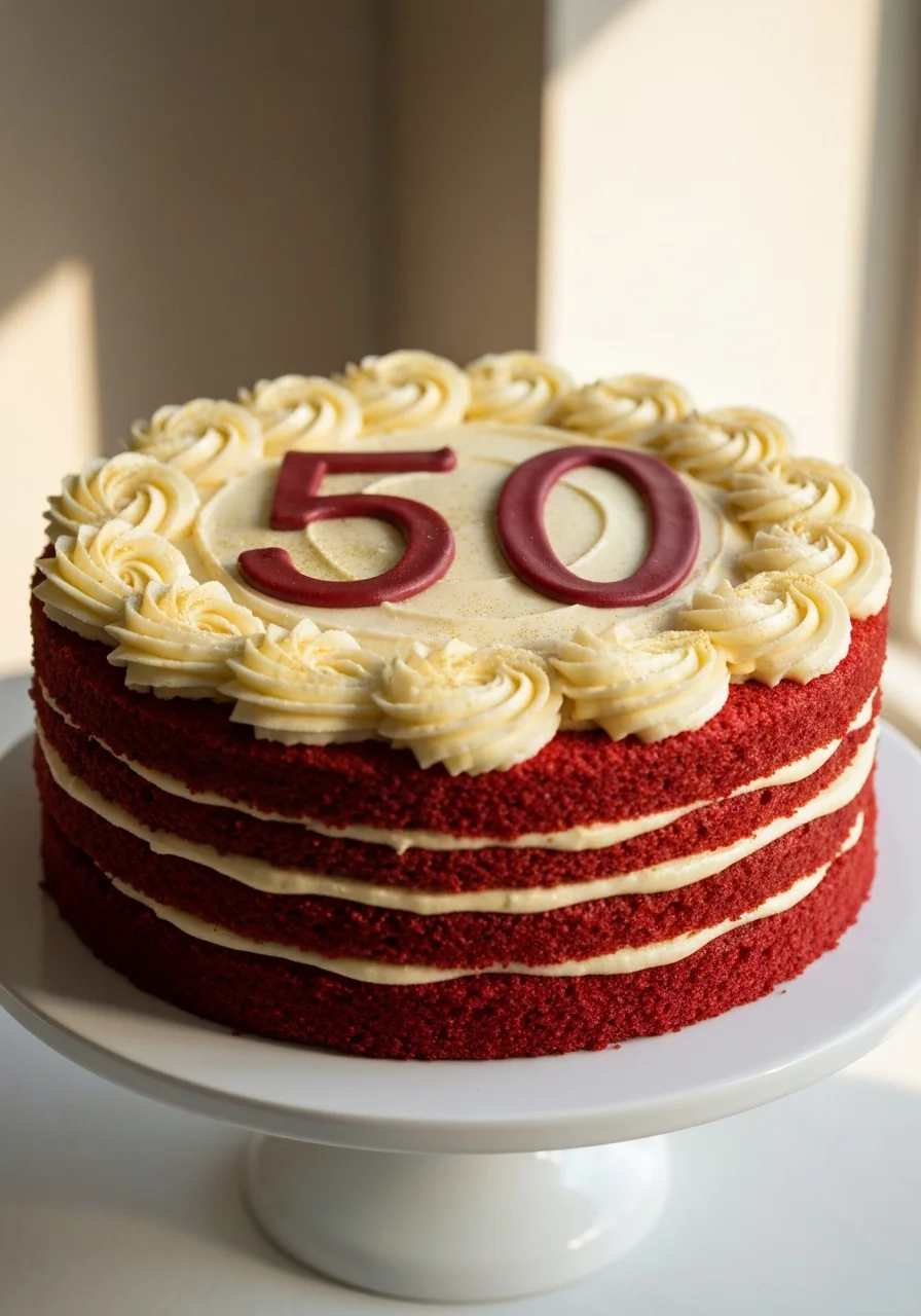 Number 50 red velvet cake with gold sprinkles
