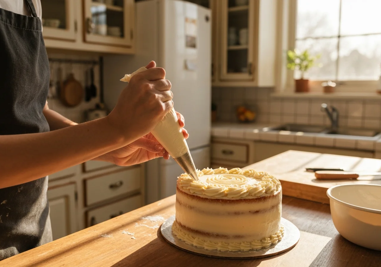 Founder of Nassu Cakes piping buttercream rosettes
