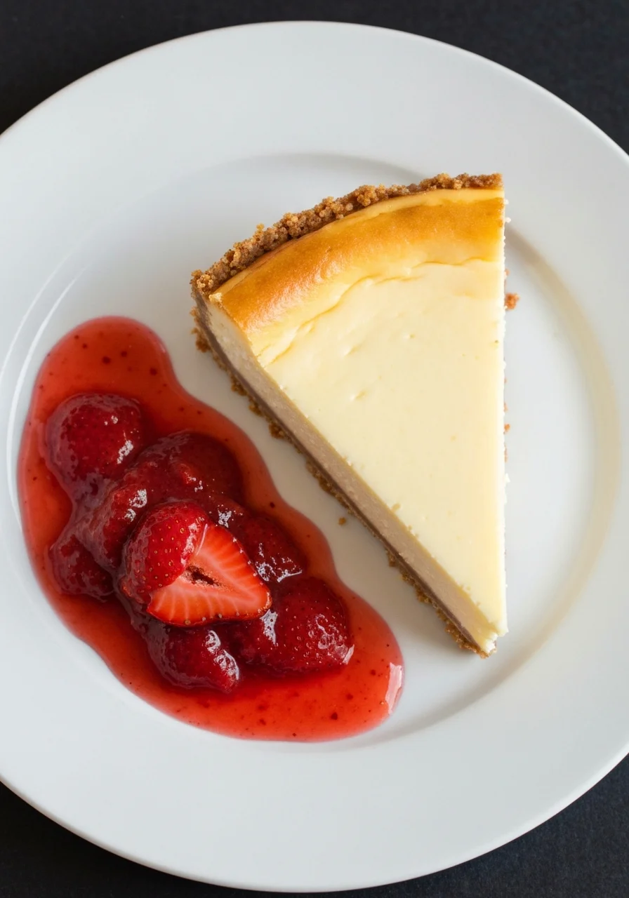 New York cheesecake with strawberry compote
