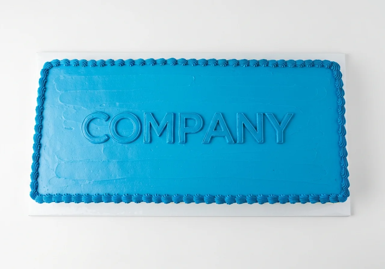 Corporate logo sheet cake in blue buttercream