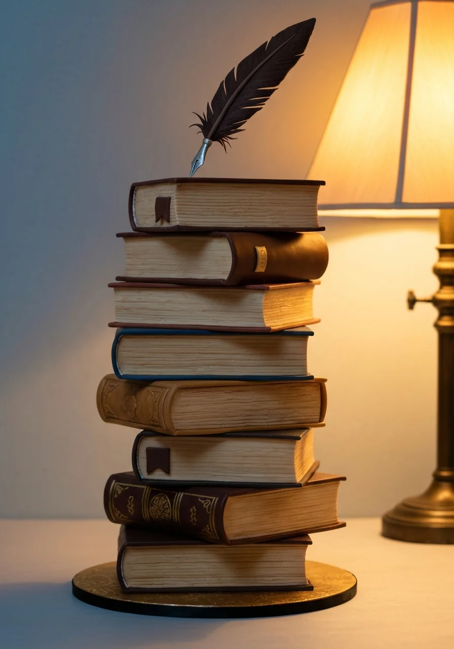 Cake shaped like stack of books with fondant pen