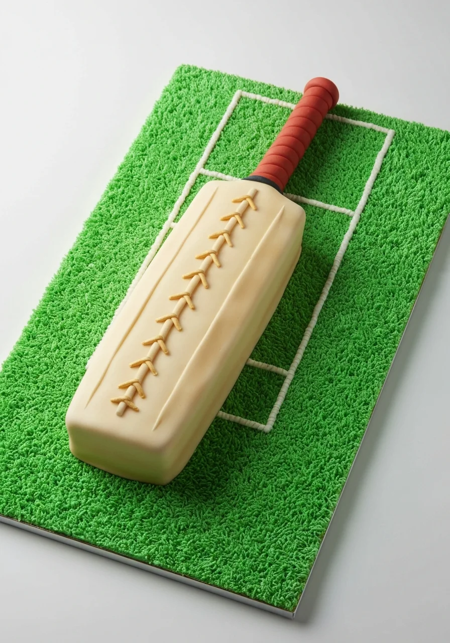Cricket bat fondant cake on green pitch board