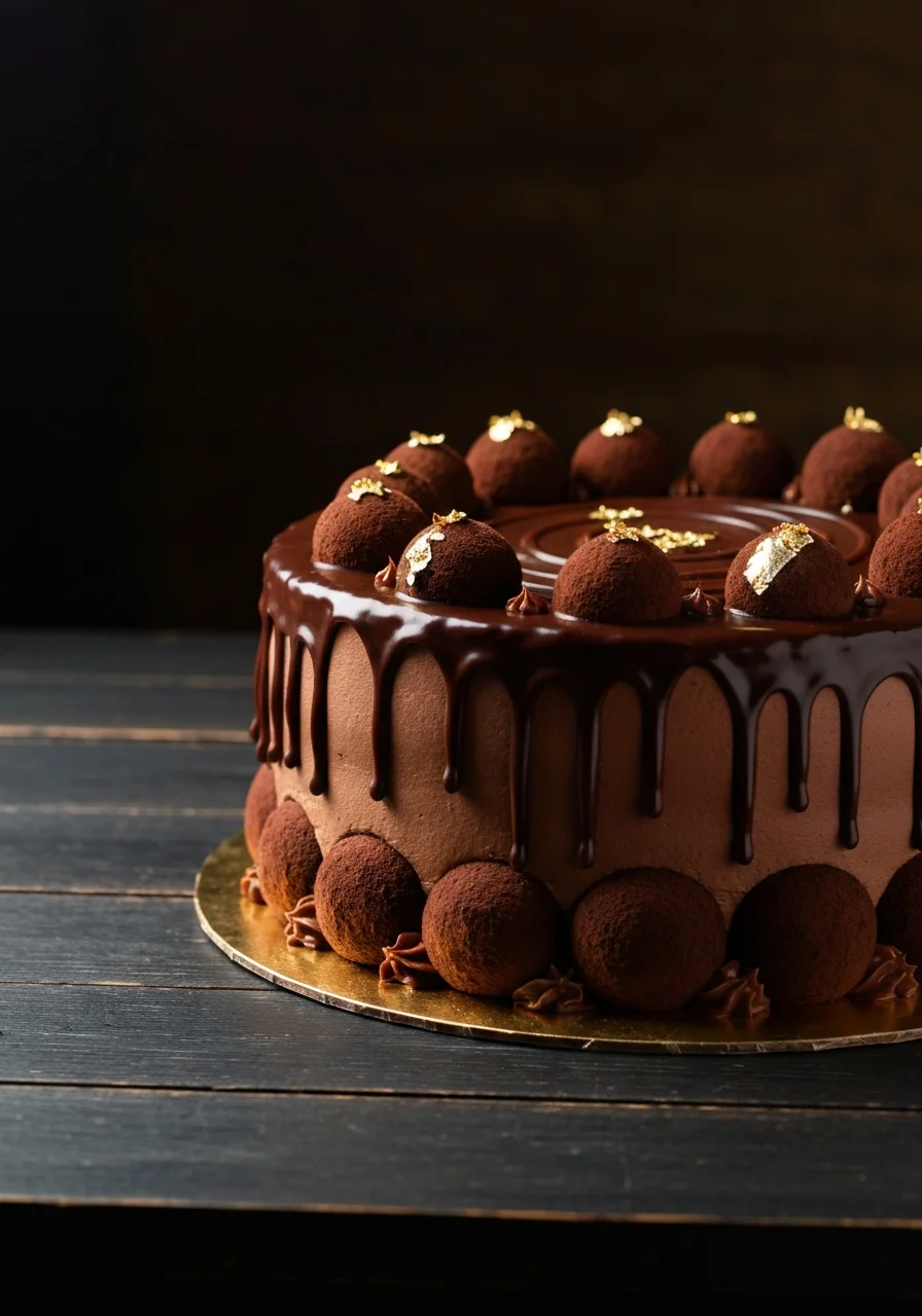 Chocolate truffle birthday cake with gold leaf