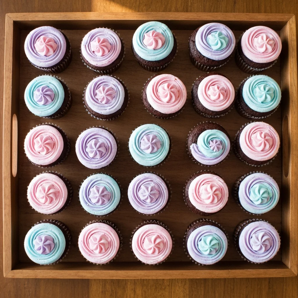 Tray of pastel cupcakes with swirl frosting