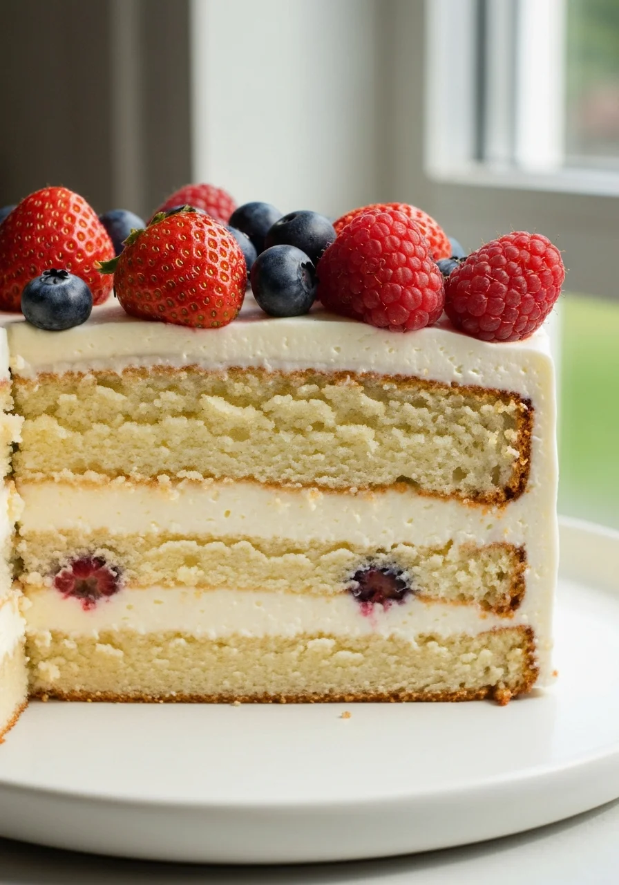 Vanilla bean cake topped with fresh berries